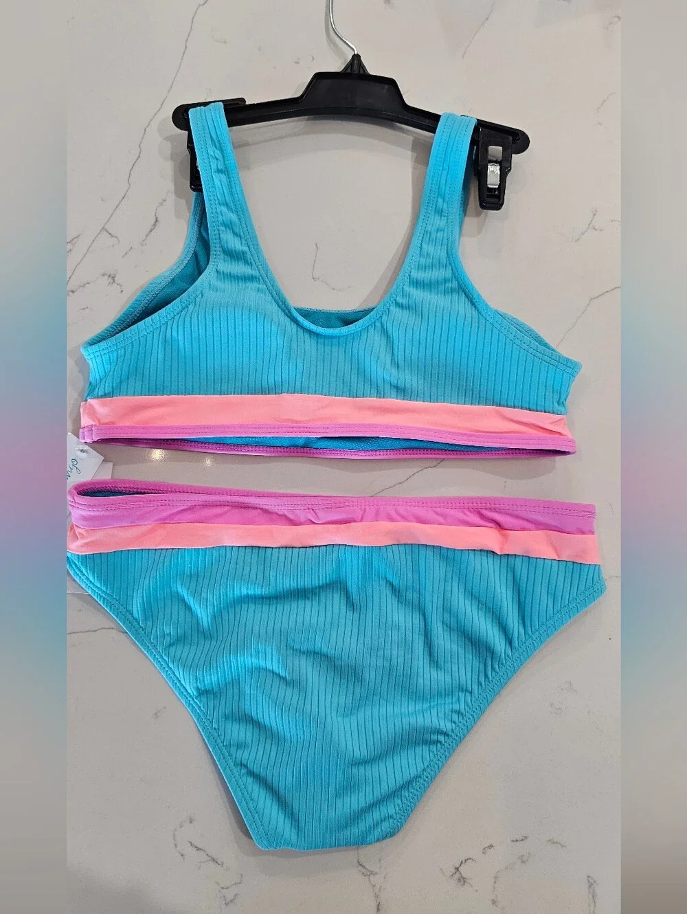 Girls' Aqua Blue Ribbed Two-Piece Bikini with Pink Trim Swimsuit Size 16 NWT